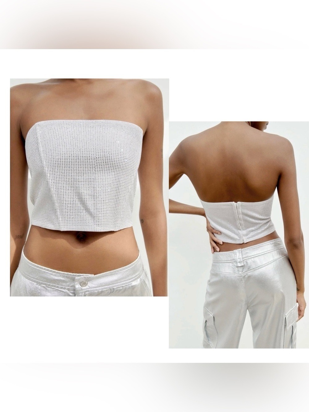 Zara White silver rhinestone embellished strapless corset bustier crop top Sz L